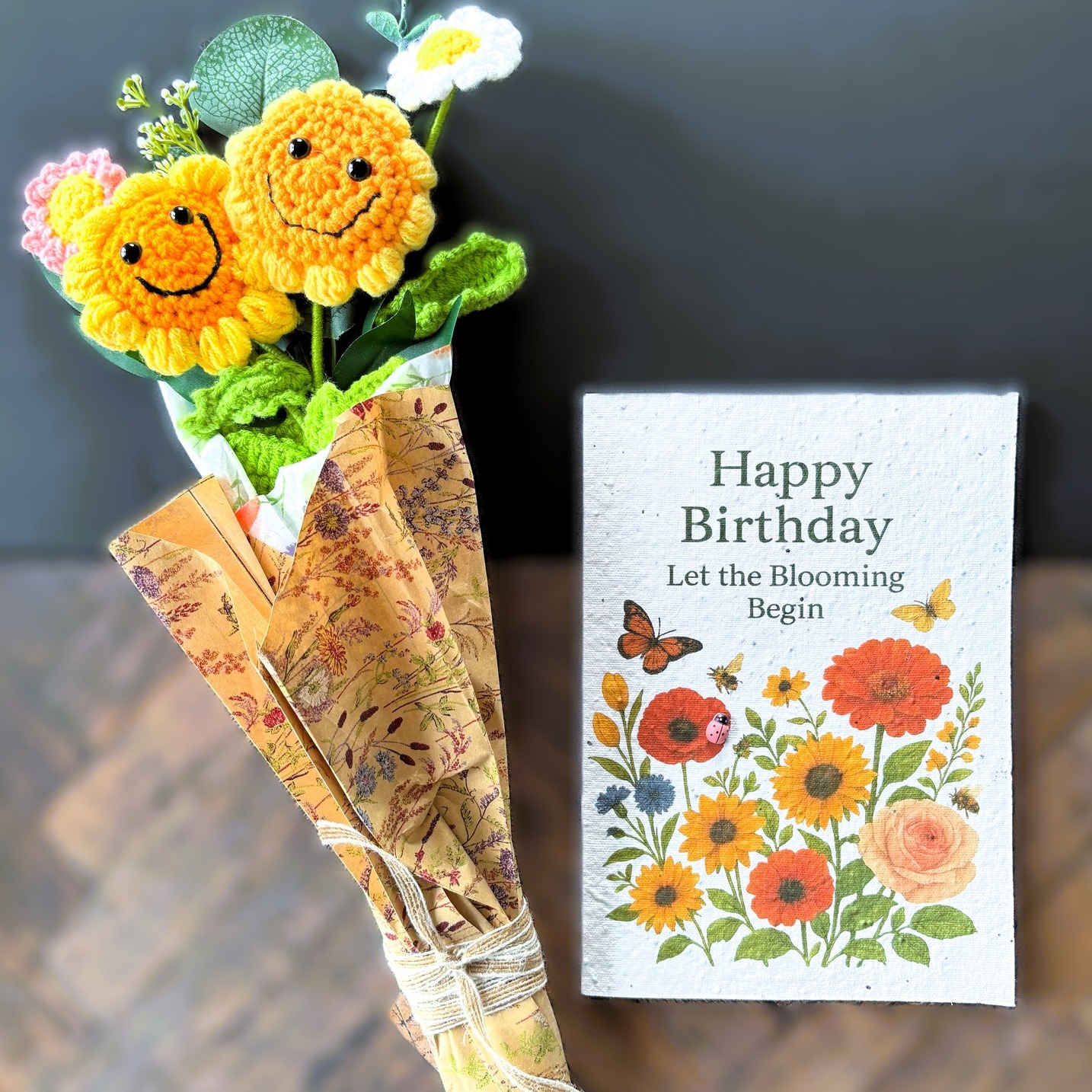 Happy Birthday (Let the Blooming Begin) - Plantable Wildflower Seed Card with Crochet Bouquet