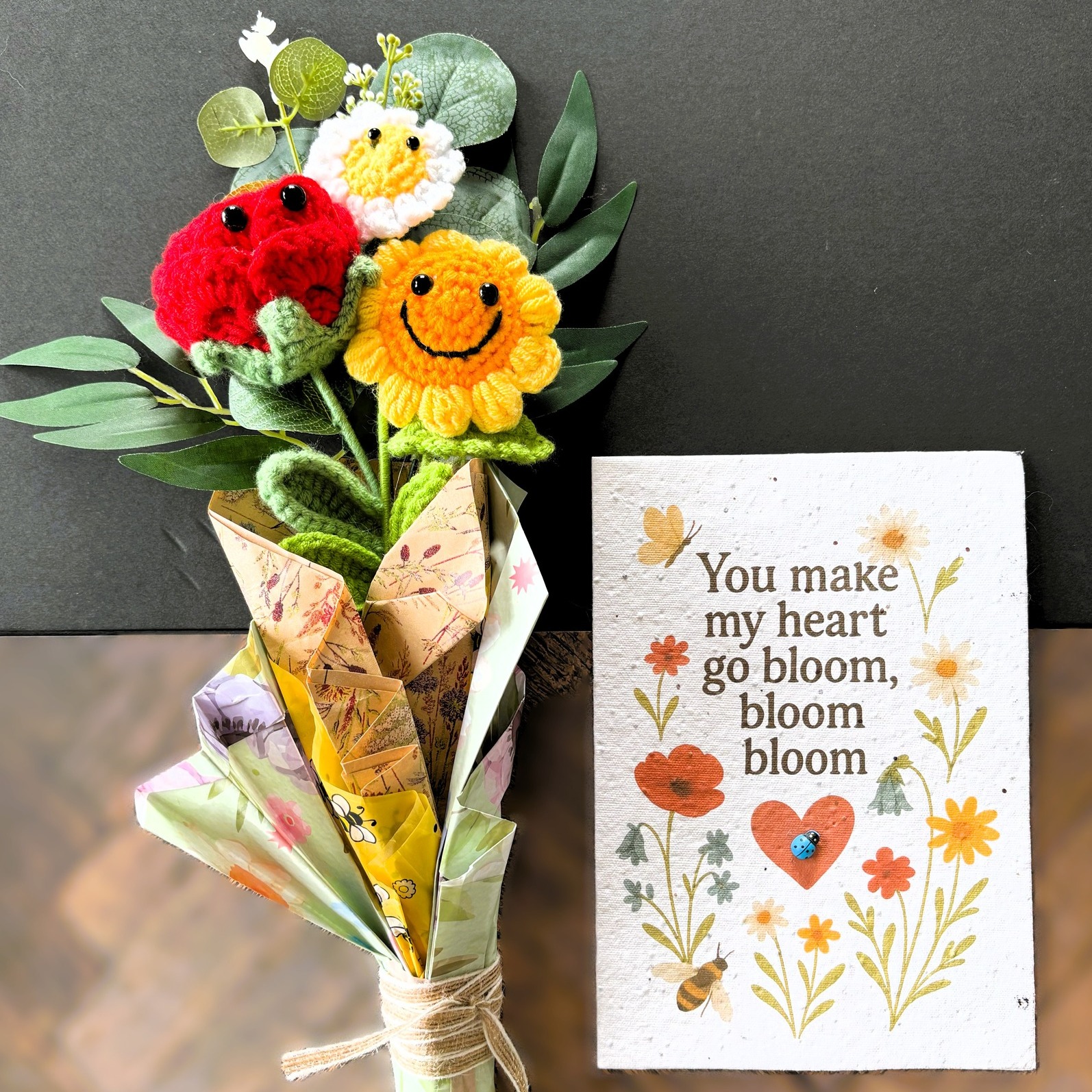 You Make My Heart go Bloom, Bloom, Bloom - Plantable Wildflower Seed Romantic Card with Crochet Bouquet
