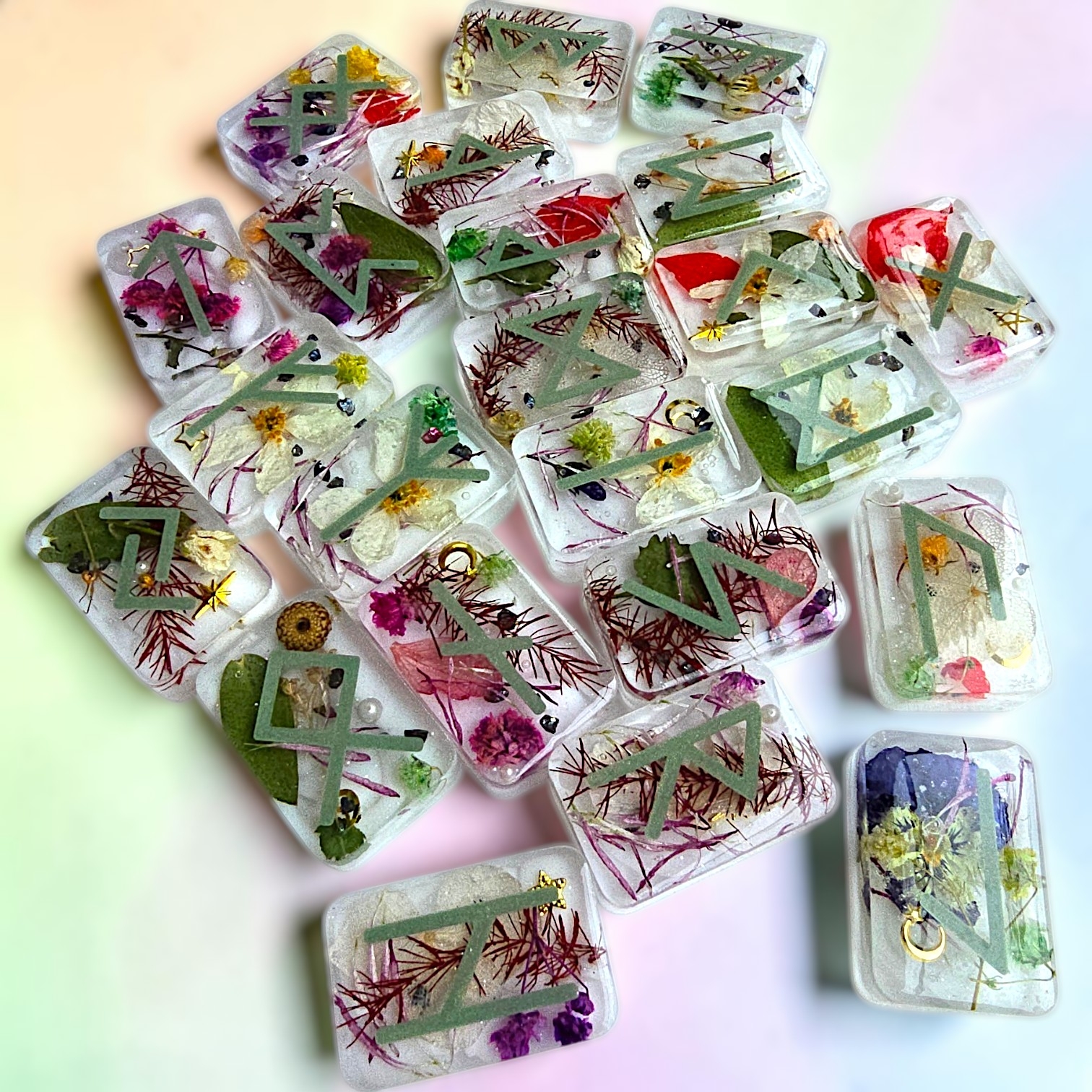 Foraged Floral Elder Futhark Rune Set; Clear Resin with Wildflowers & Gold Accents
