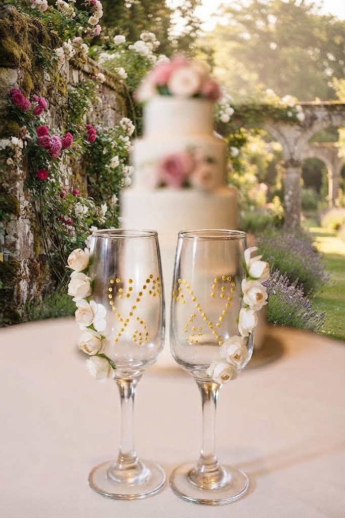 Union: Champagne Glasses Adorned with White Flowers & Golden Symbols