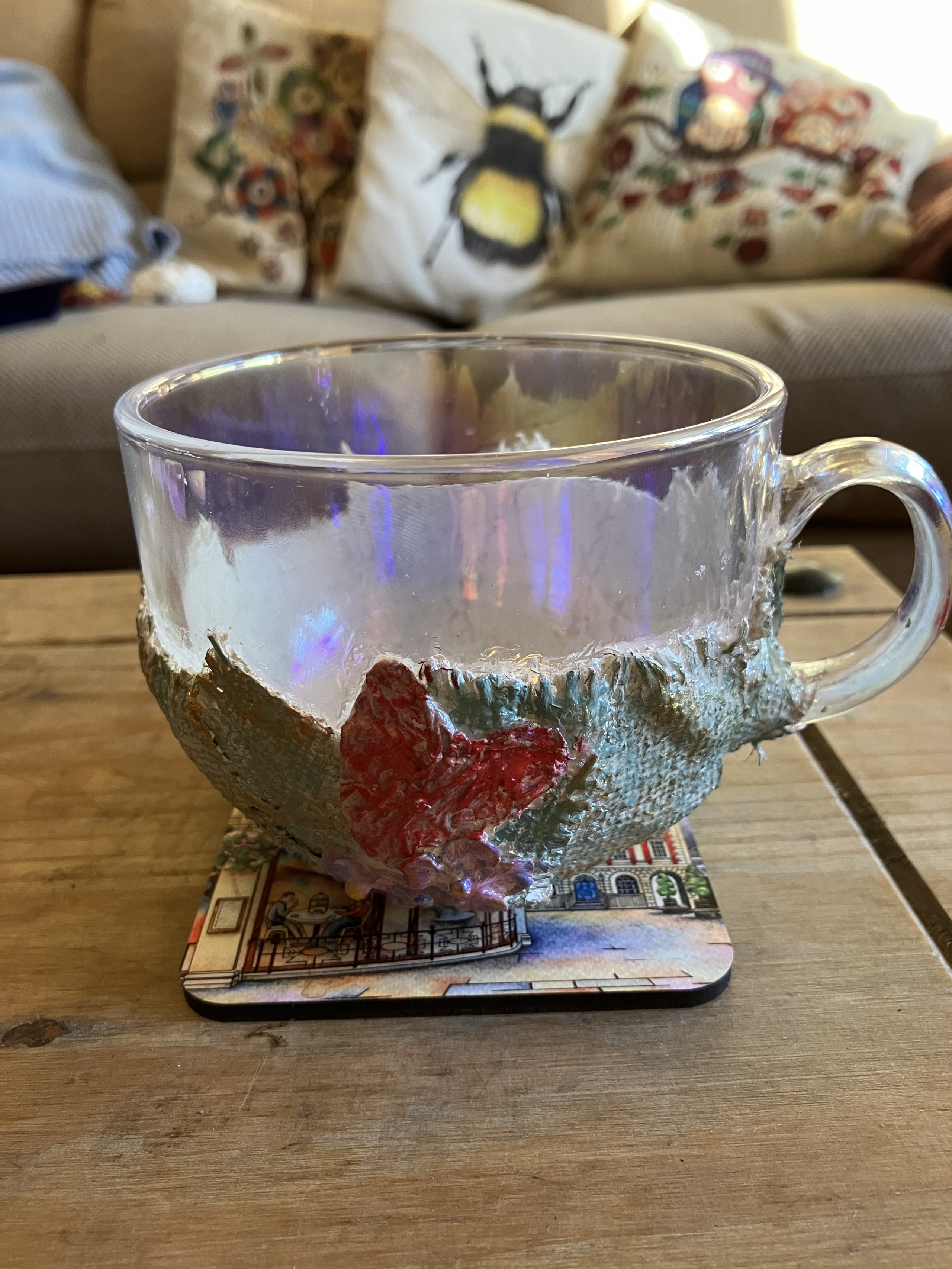 Handcrafted Textile-Decorated Glass Teacups| Whimsical Cottagecore Home Decor