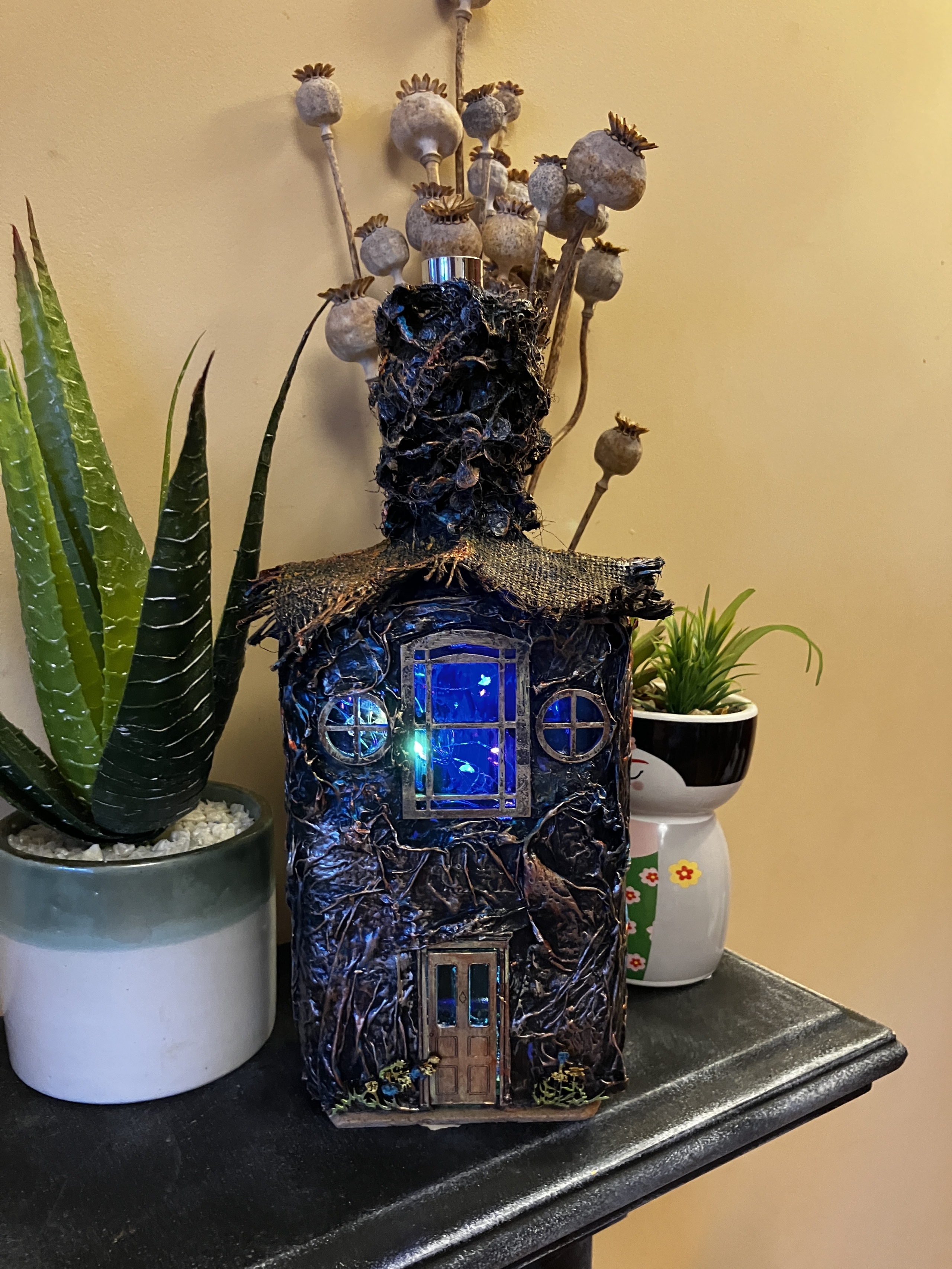 Eco-Friendly Fairy House Bottle Lamp - Handcrafted Rustic Decor with Recycled Glass  and Fabrics and Natural Accents