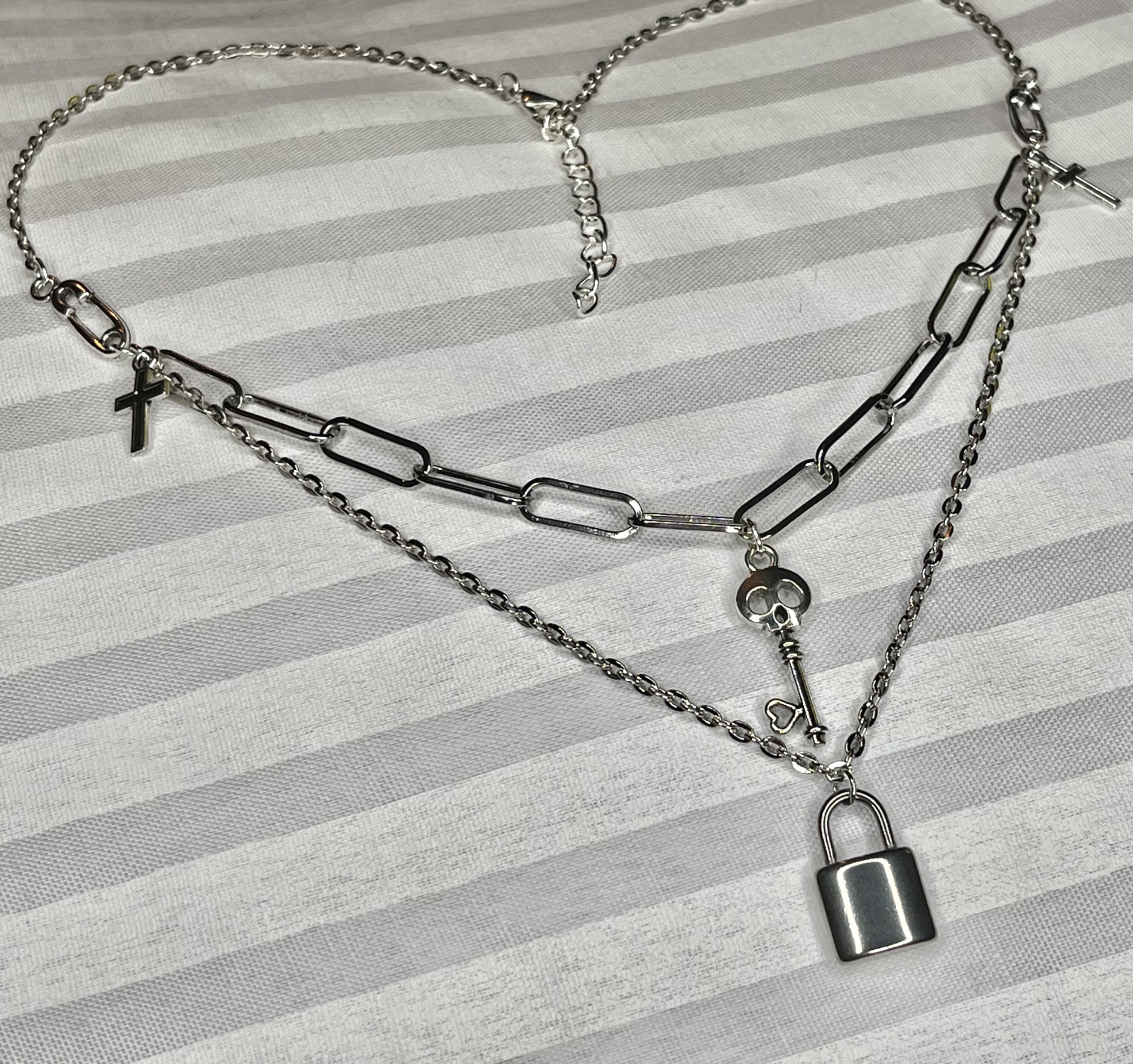 Grunge Padlock & Cross Necklace