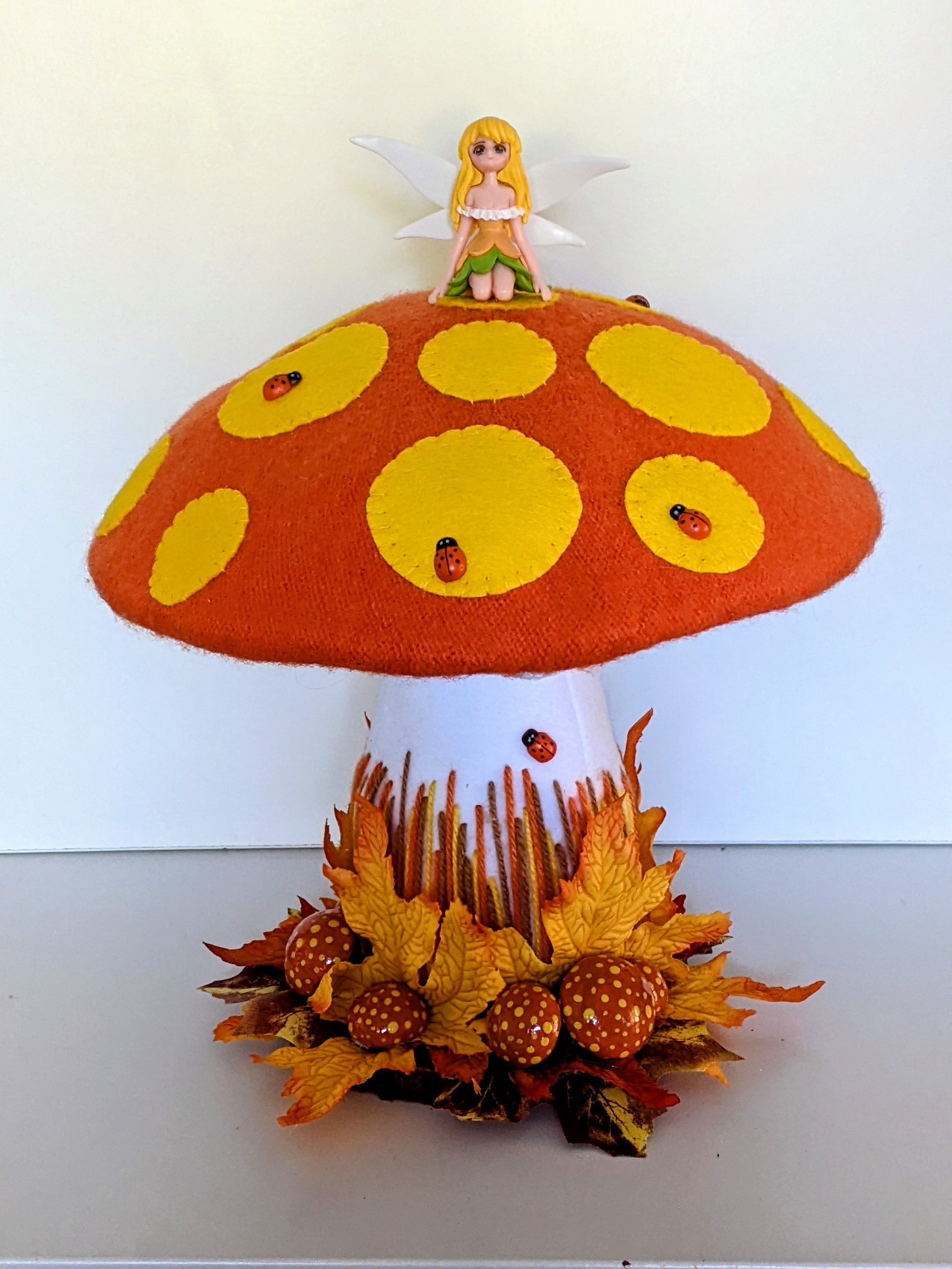 Fairy Toadstool, Orange and Yellow. Knitted  Felt and Fleece