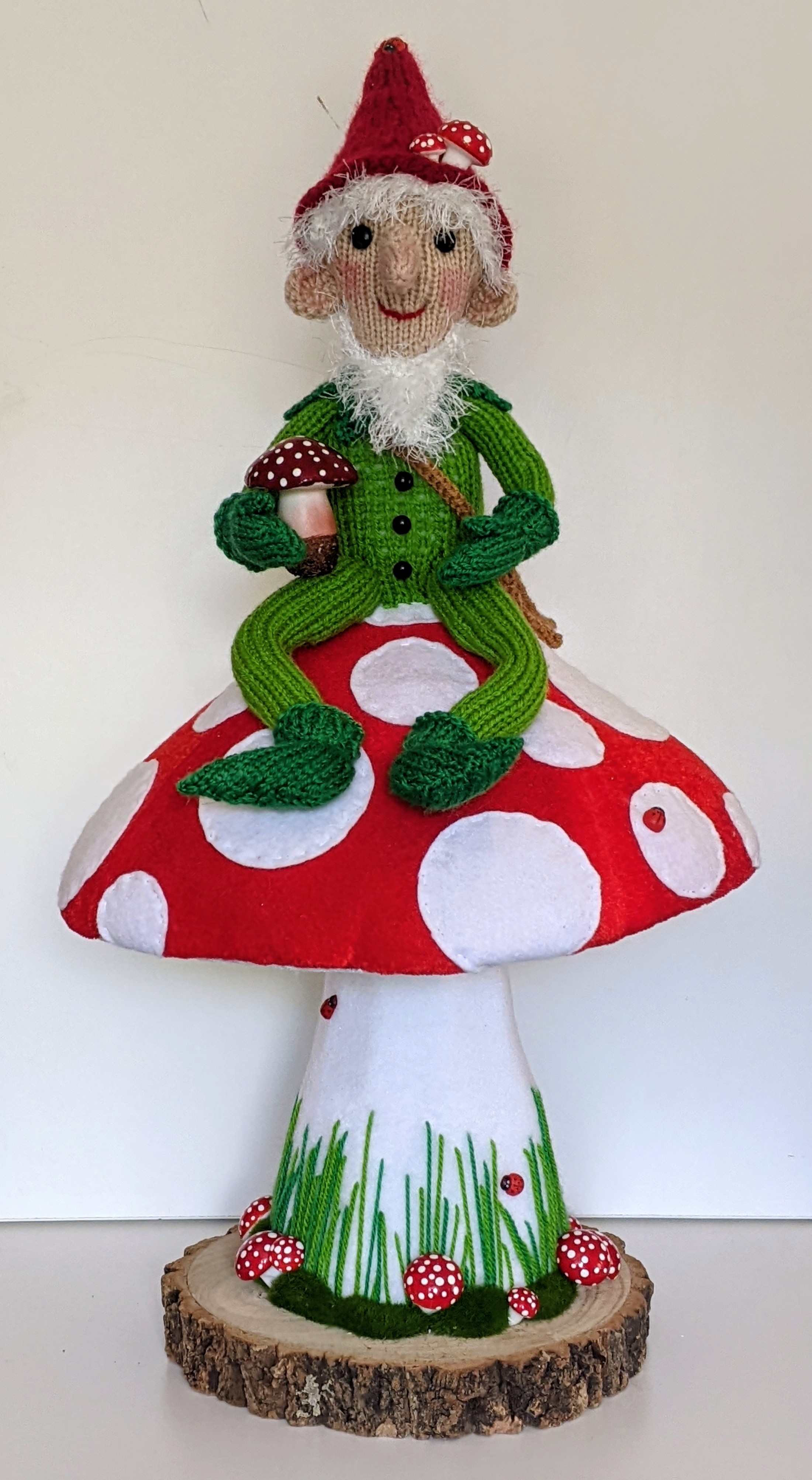 Gnome sitting on Large Toadstool. Felt and Fleece
