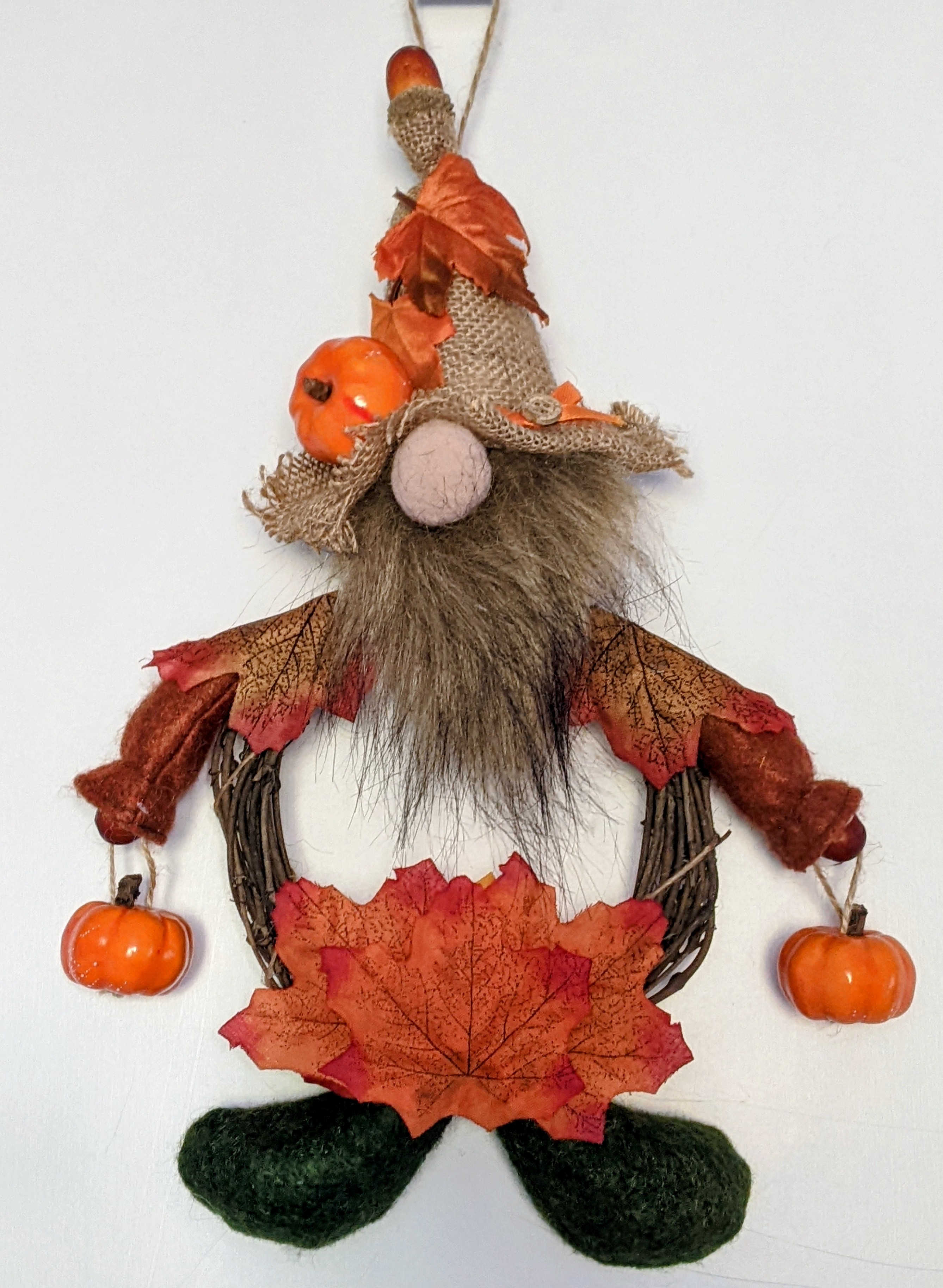 Autumn Gnome Wreath. Felt, Artificial Foliage, Wood.