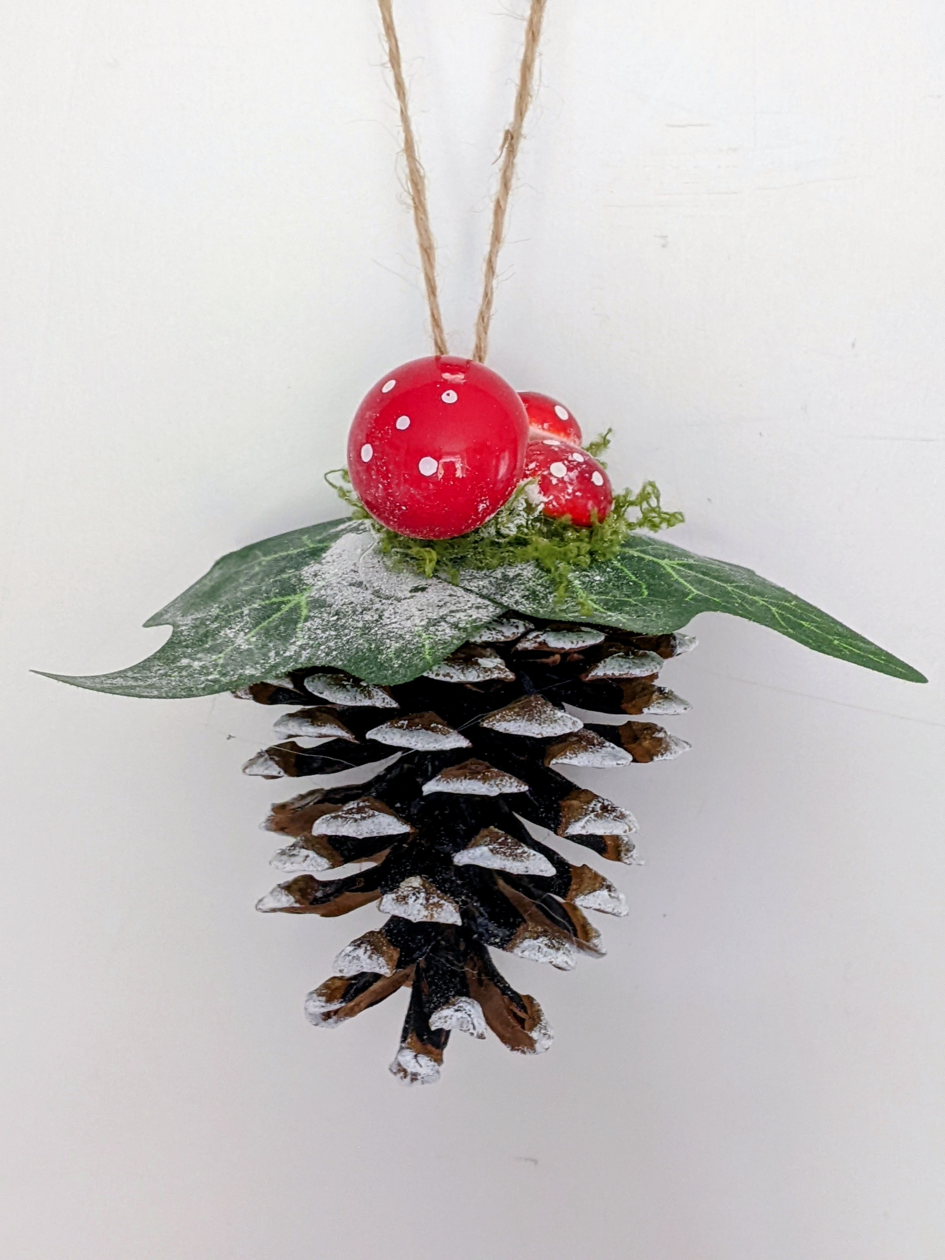 Christmas Fir Cone, Toadstool Decoration. Wood, Artificial Foliage.