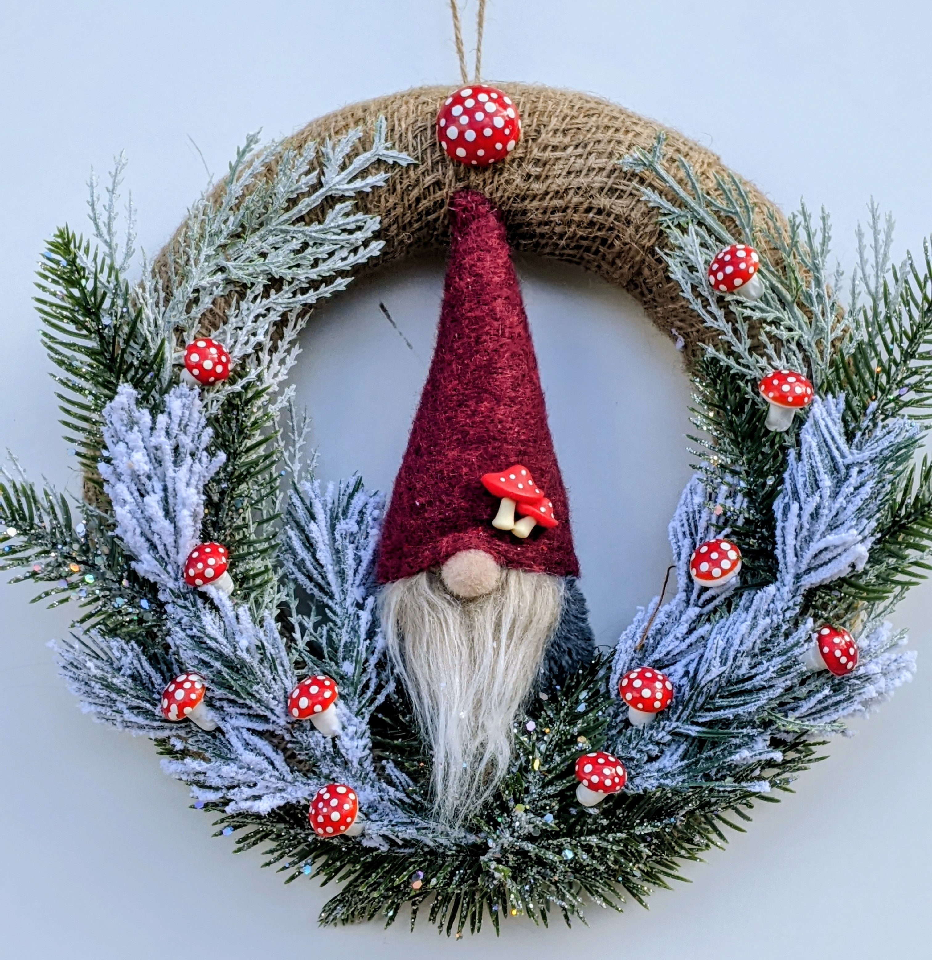 Christmas Gnome Wreath with Artificial Foliage.
