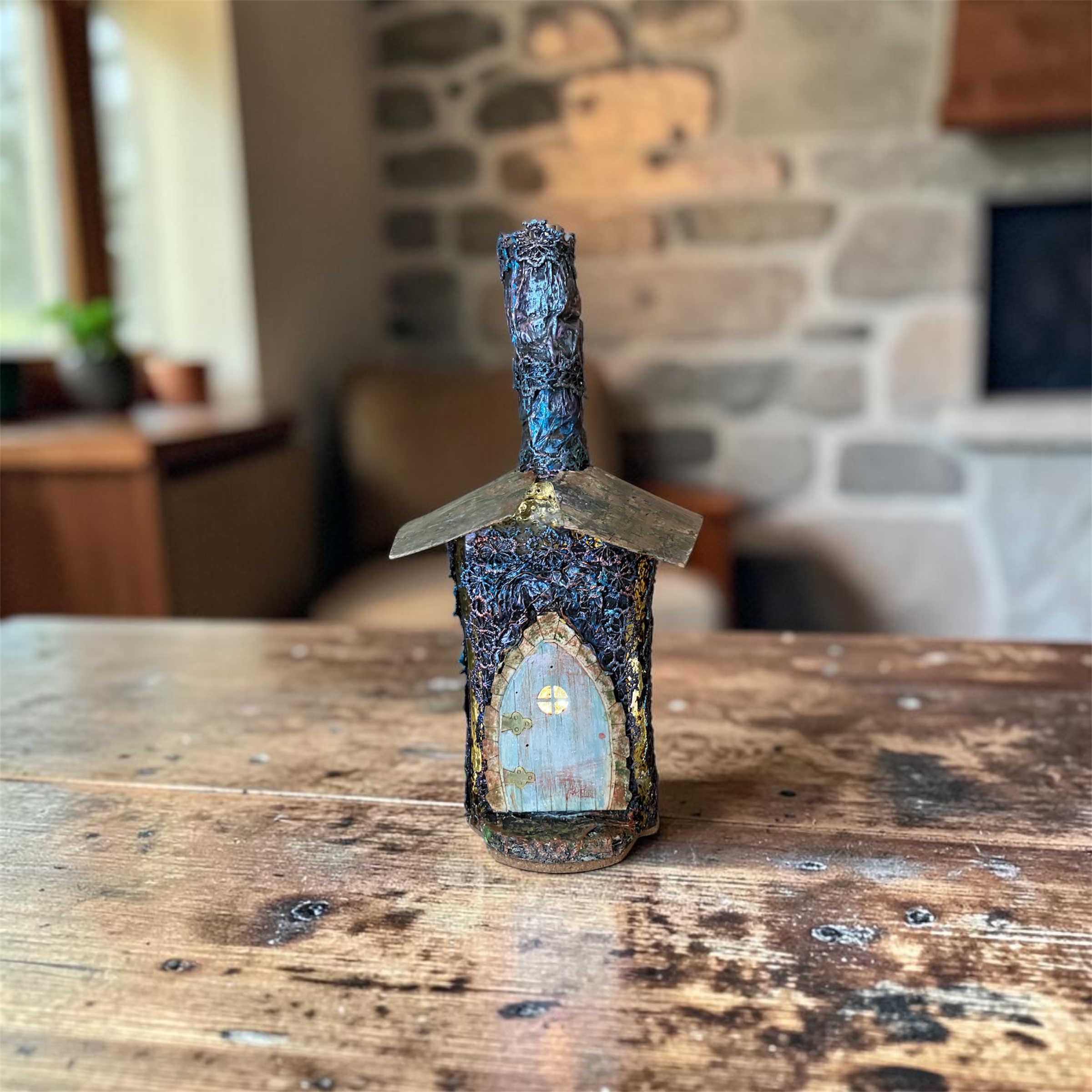 Eco-Friendly Fairy House Bottle Lamp - Handcrafted Rustic Decor with Recycled Glass  and Fabrics and Natural Accents
