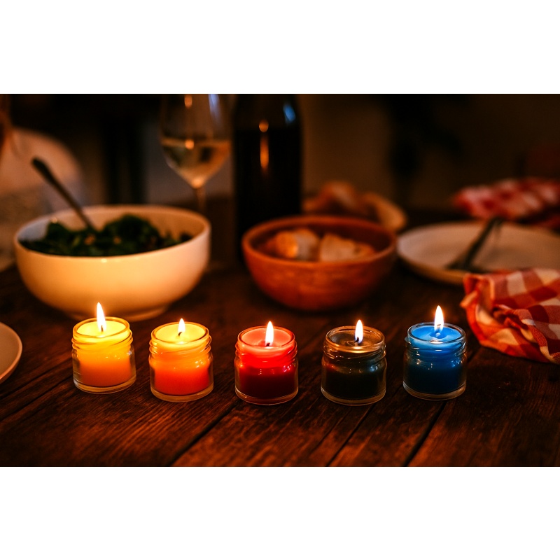 Collection of Glass Jars with Candles & Essential Oils (Yellow – Orange – Red – Green – Light Blue)