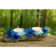 Natural Driftwood Pine Bark Tealight Candle Holder with Blue Fabric Flowers - Rustic and Charming Home Decor