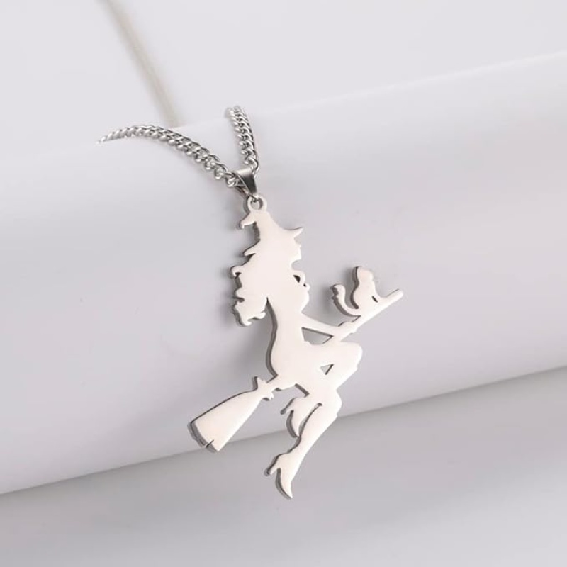 Flying Magic Witch and Cat Necklace