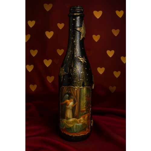 Eros & Psyche decoupage bottle. Cupid and Psyche Decorated bottle handmade. Hand painted. Witchy Altar tool