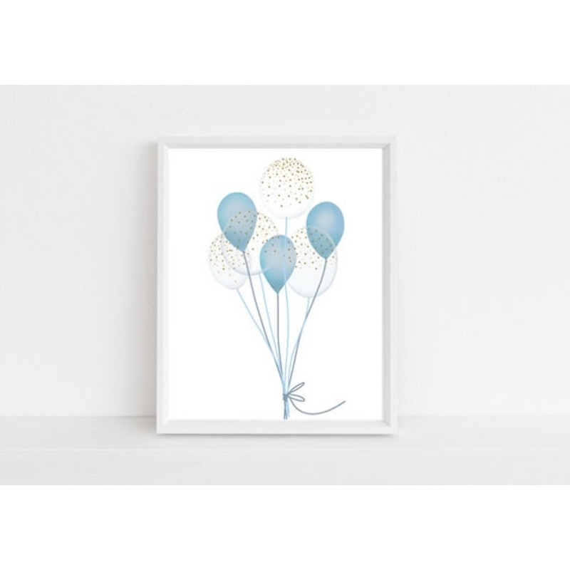Nursery décor, kids room, framed prints, Balloons, blue
