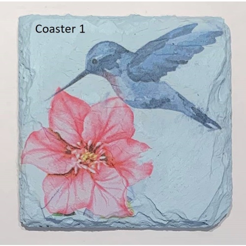 decoupage, slate coaster, flowers, blue, hummingbird