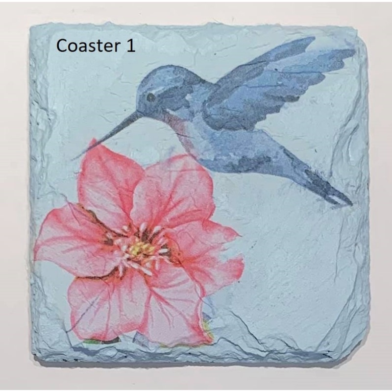 decoupage, slate coaster, flowers, blue, hummingbird