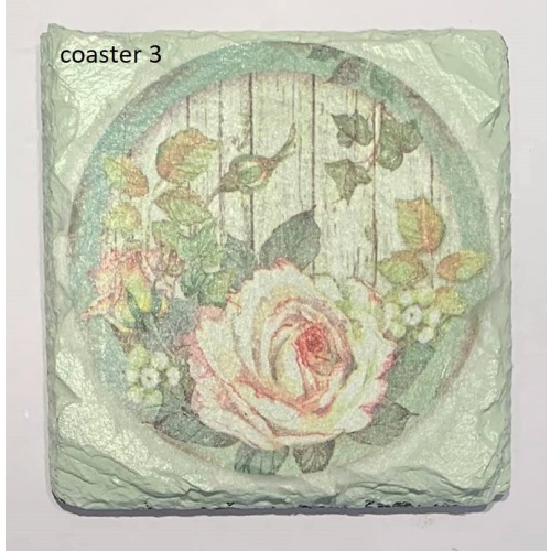 decoupage, slate coaster, flowers, green, roses