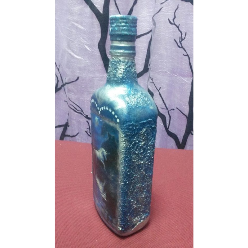 White Magic Unicorn decoupage bottle. Decorated bottle handmade. Hand painted. Altar tool