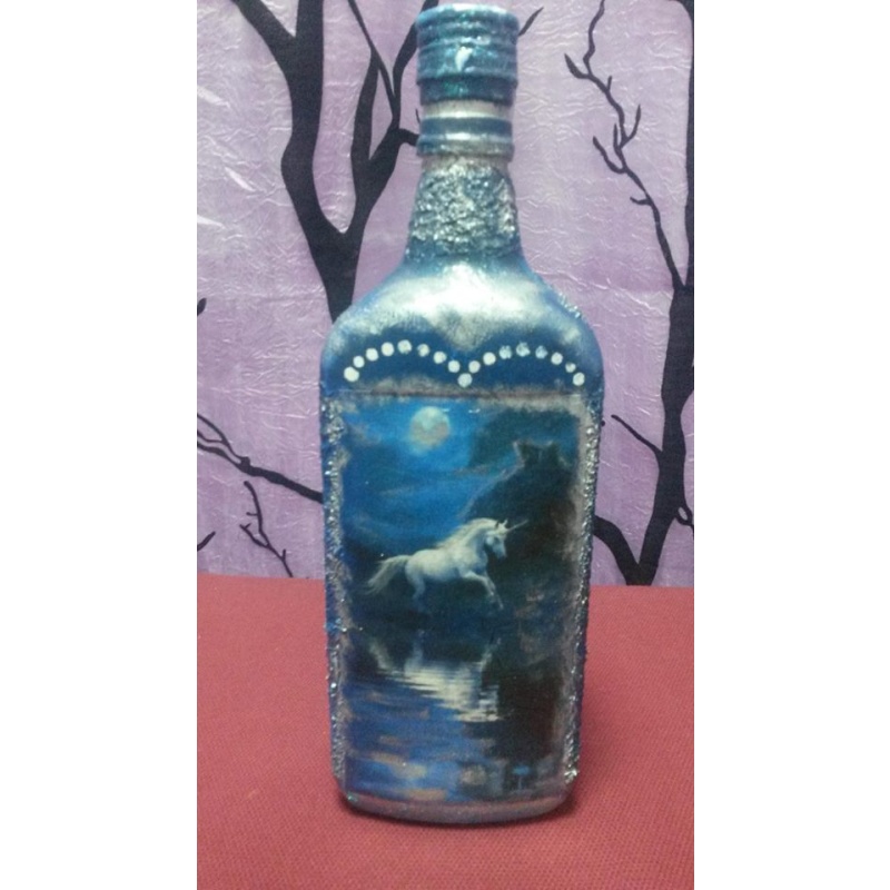 White Magic Unicorn decoupage bottle. Decorated bottle handmade. Hand painted. Altar tool