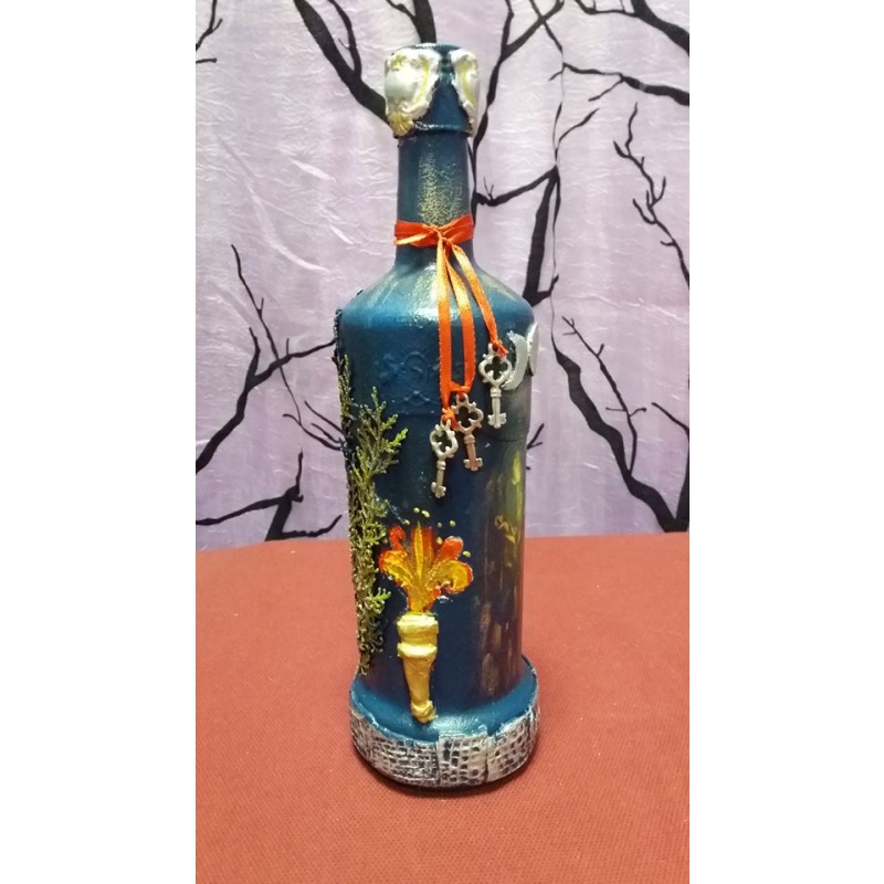 Hecate decoupage bottle. Decorated bottle handmade. Hand painted. Altar tool