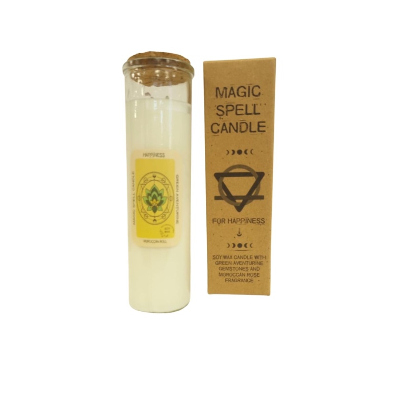 Magic Spell Candle for Happiness Soy Wax with Green Aventurine Gemstones and Moroccan Rose Fragrance