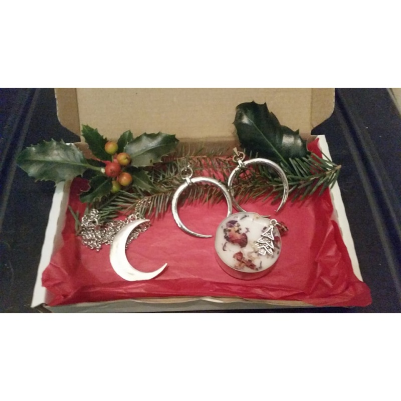 Yule Box Silver Tone Moon Pendant & Earrings & Spell Infused Yule Candle/Charm for blessings and Harmony/Peace