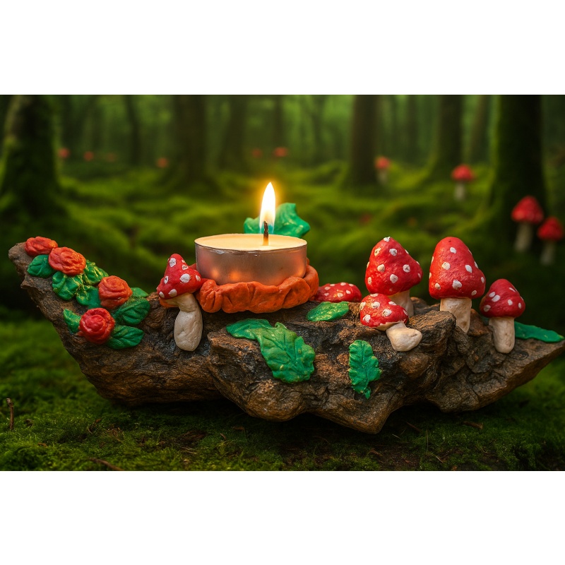Rustic Elegance: Natural Driftwood Tealight Candle Holder with Clay Roses, Leaves, Mushrooms, and Tree
