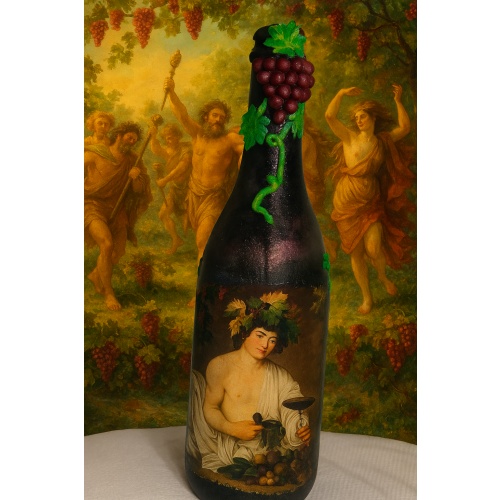 Dionysus (Bacchus) god of wine, vegetation, pleasure, festivity decoupage bottle. Decorated bottle handmade. Hand painted. Witchy Altar tool