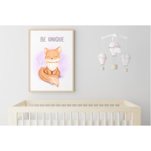 Nursery decor, kids room, framed prints, Be Unique, Fox