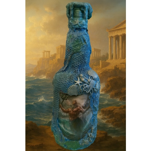 “Poseidon Altar Bottle – Hand-Painted Decoupage, Sea God Magic, Handmade Decor & Spiritual Tool”
