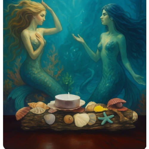 Enchanting Coastal Delights: Handcrafted Thassos Driftwood Tealight Candle Holder with Sea Shell Medley and Clay Mermaid Accent