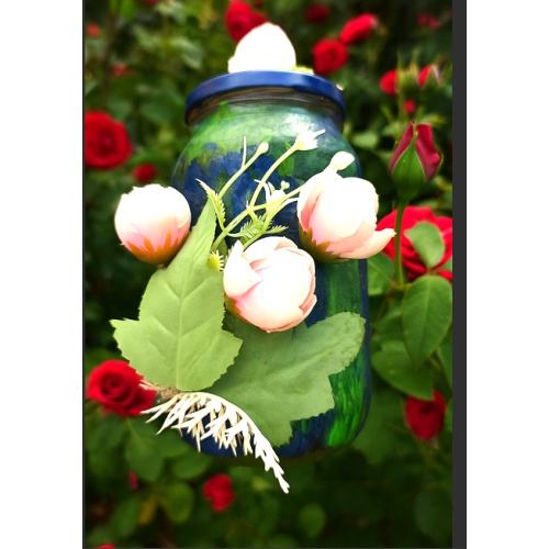 The Dream Jar – Pink Flowers in Green Yellow and Blue