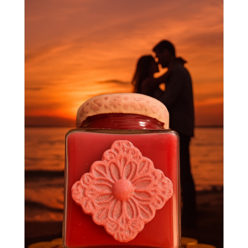 Enchanted Square Glass Jar with Red Wax, Essential Oils & Pink Clay Motif with Silver