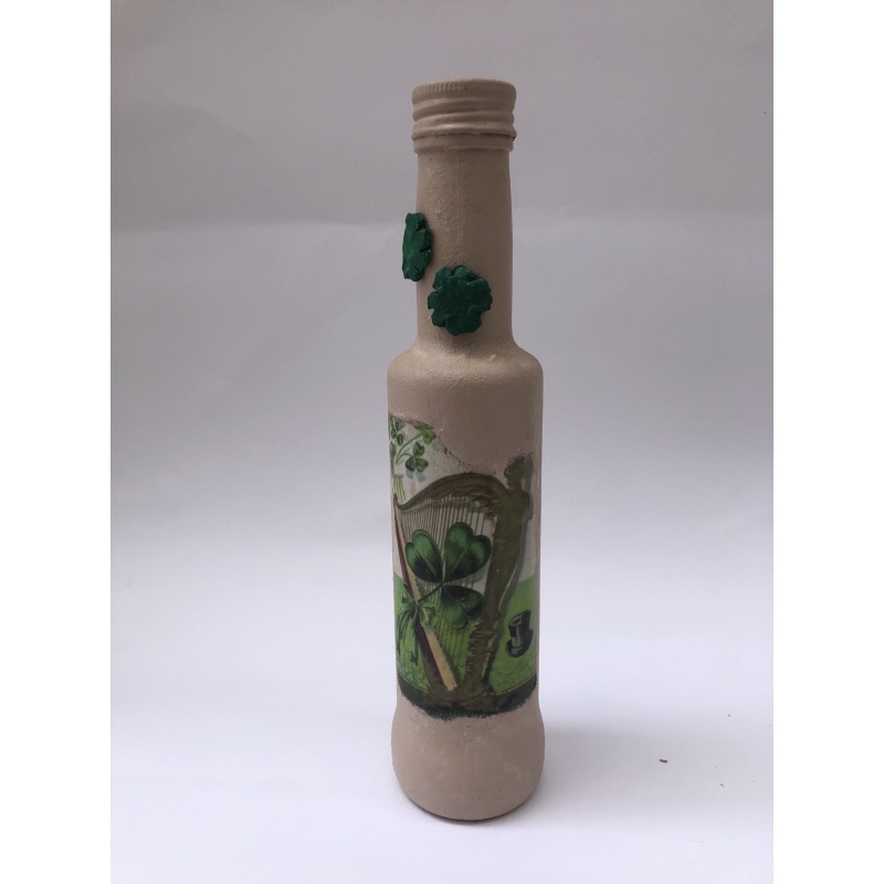 Four-Leaf Clover and Harp Decoupage Bottle - A Symphony of Luck, Hope, and Healing