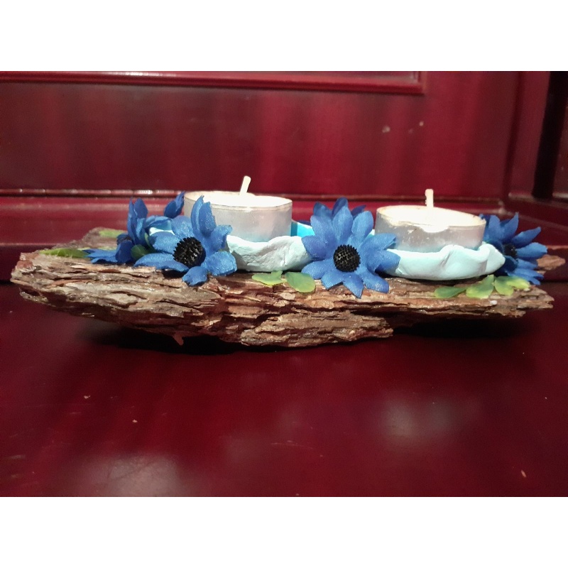 Natural Driftwood Pine Bark Tealight Candle Holder with Blue Fabric Flowers - Rustic and Charming Home Decor