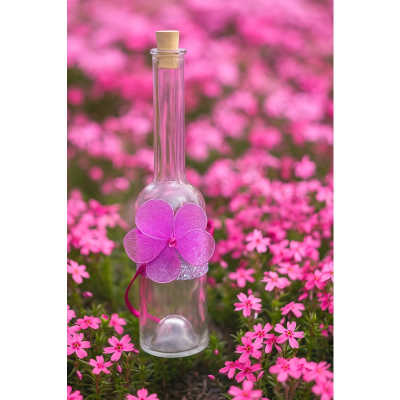"Elegant Glass Perfume bottle with Cork Stopper | Fuchsia Organza Flower & Crystal Bling Accent | Refillable Bottle"