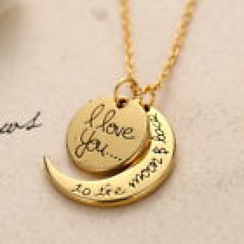 I Love You Gold Tone chain necklace pendants Moon pendant