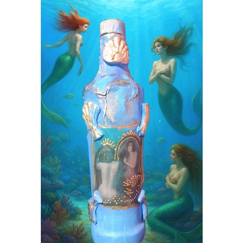 Magic Mermaid in Front of Mirror decoupage bottle. Enchanting Reflections