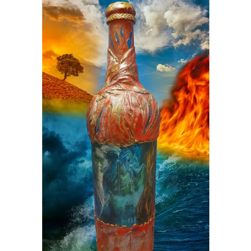 Magic Four Elements: Earth, Water, Air, and Fire decoupage bottle. Decorated bottle handmade. Hand painted. Altar tool