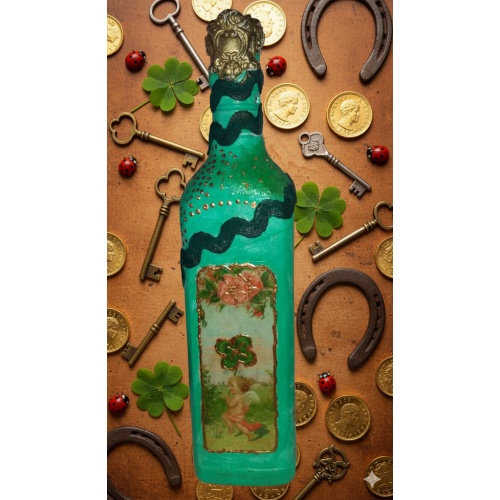 Magic Four Leaf Clover decoupage bottle. Decorated bottle handmade. Hand painted