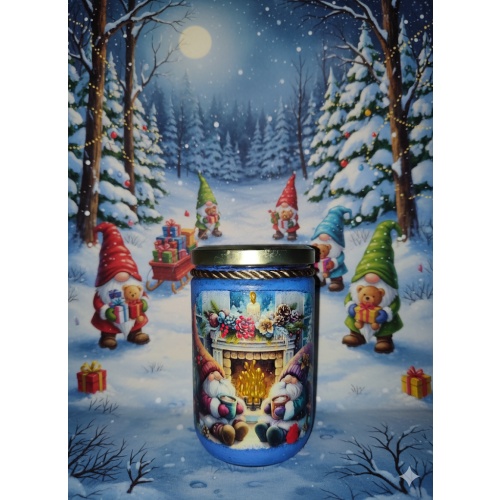 Festive Christmas Jar with Gnomes  in front of a Fireplace
