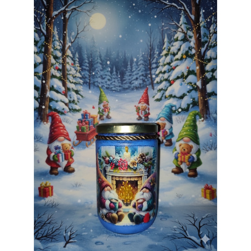 Festive Christmas Jar with Gnomes  in front of a Fireplace