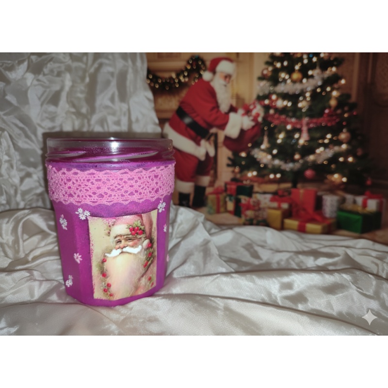 Charming Pink Christmas Jar – Santa Claus with Floral Accents