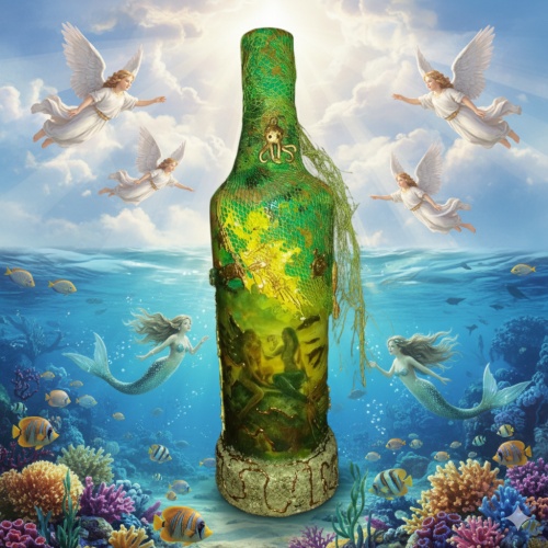 Magical Mermaid and Angel Decoupage Bottle - Enchanting Handcrafted Altar Tool -Magic creatures - Decorated bottle handmade -  sacred space