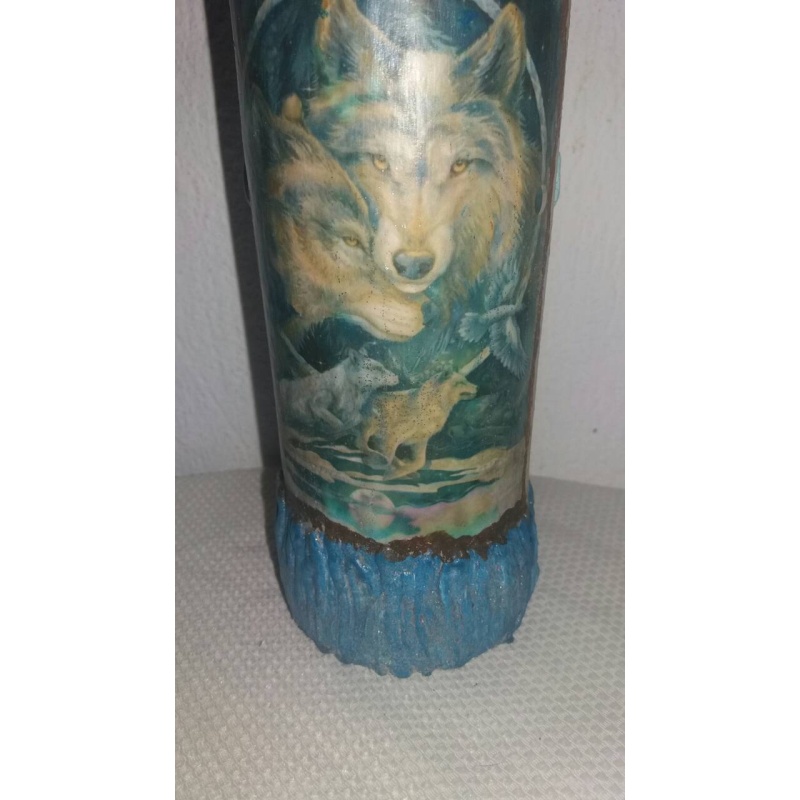 Wolves power animals of freedom decoupage bottle. Decorated bottle handmade. Hand painted decor. Witchy Altar tool Spirit Animal totem