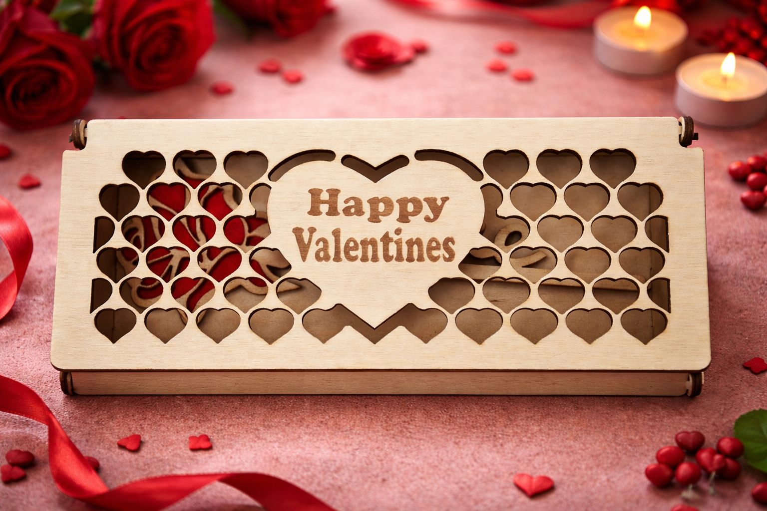 Handmade Valentine's Wooden Presentation Box With Wooden Rose & "LOVE" Cutout-Two Lid Options Available