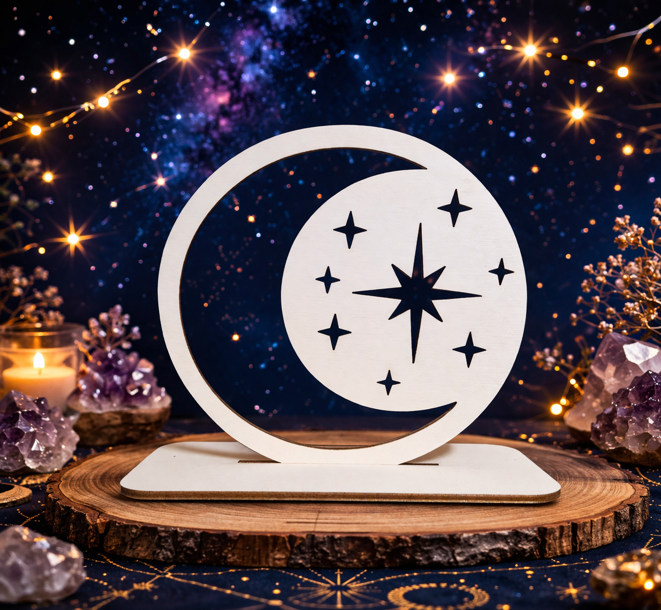Celestial Moon & Stars Wooden Plaque