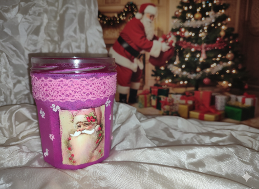 Charming Pink Christmas Jar – Santa Claus with Floral Accents