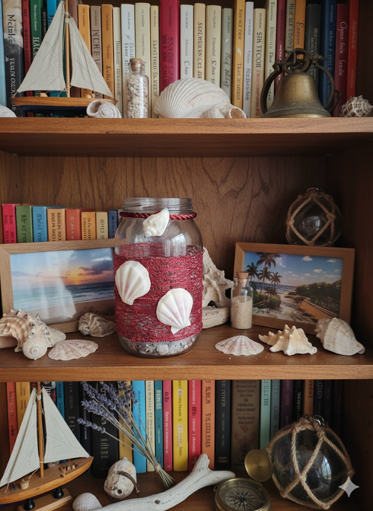 Handmade Decorative Vase with Sea Shells and Red Lace